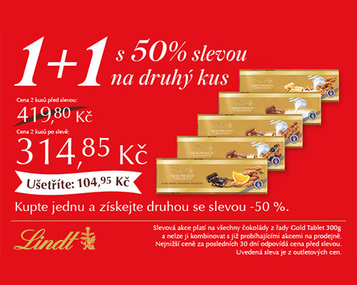 Akce 1+1 se slevou 50 % na všechny čokolády Gold Tablet 300g